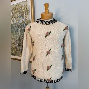 Vintage Doobie Floral Knit Sweater | 3D Rose Appliqué | Cottagecore Preppy |